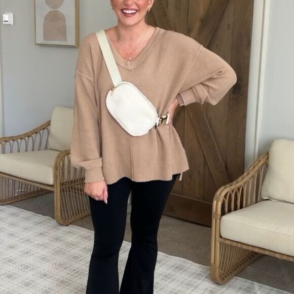 Aerie | Wonder Textured V-Neck Brown Slouchy Oversize Sweatshirt Women Medium - Picture 3 of 7